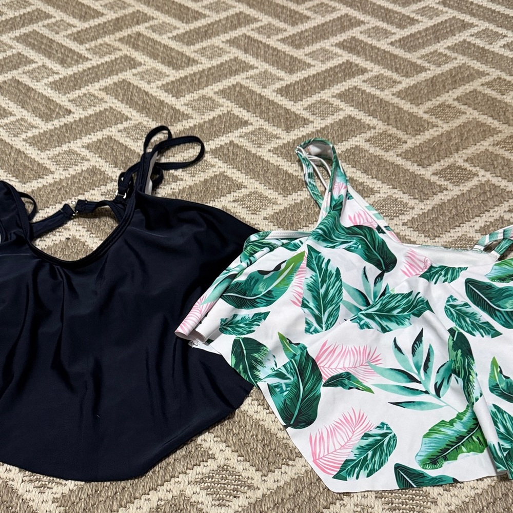 Navy and Tropical Leaf Print bathing suit tops